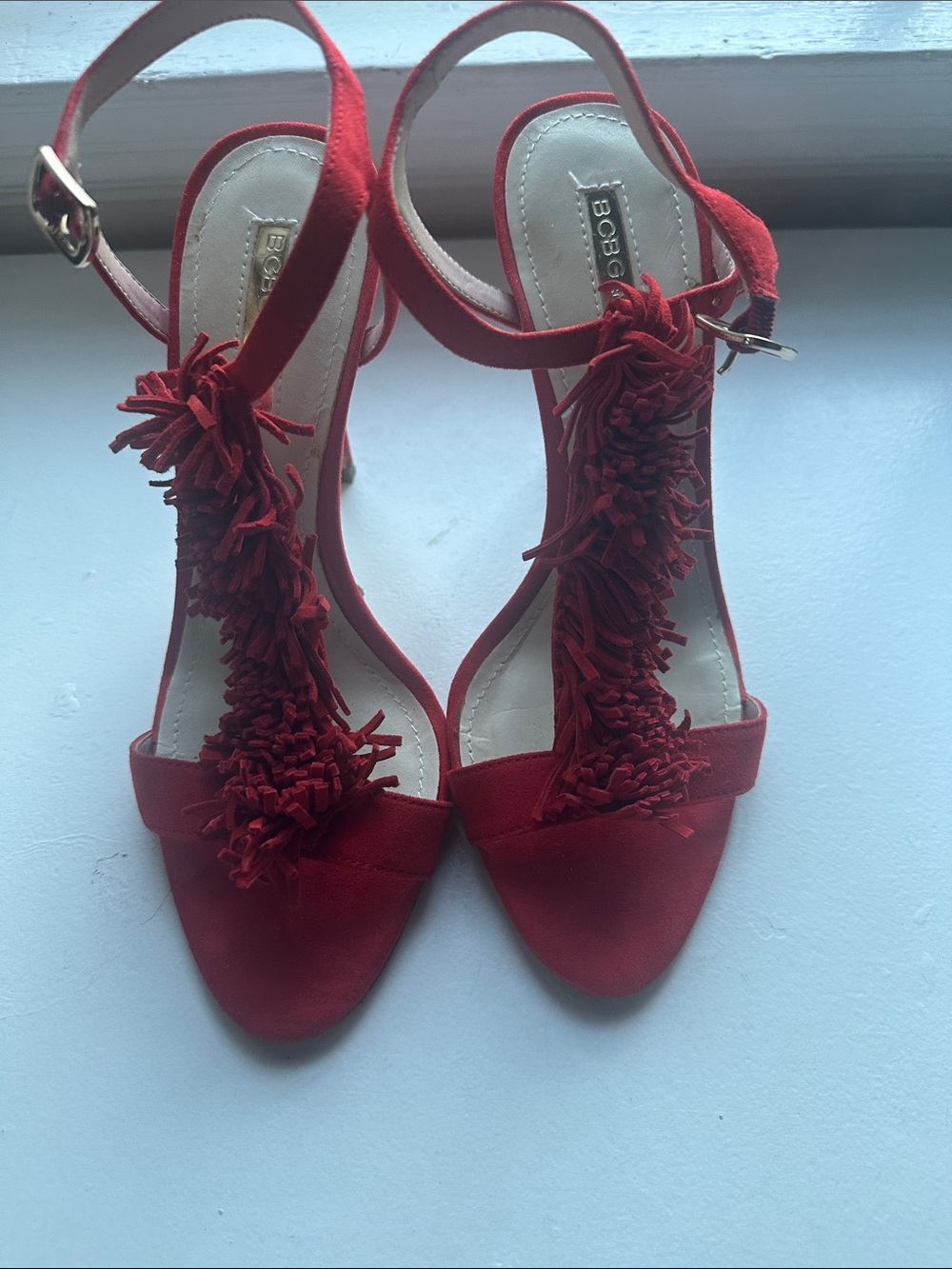 BCBGMaxAzria Red Suede Fringe T-Strap Heels